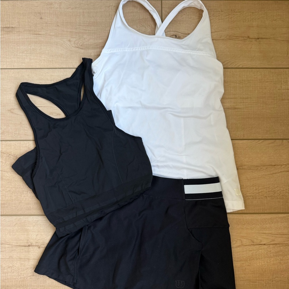 Wilson tennis tank and skirt and Lululemon tank